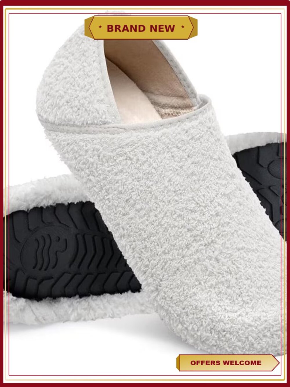 Faux Fur House Slippers - Rubber Sole Slip On Sock Shoes, Foldable Travel